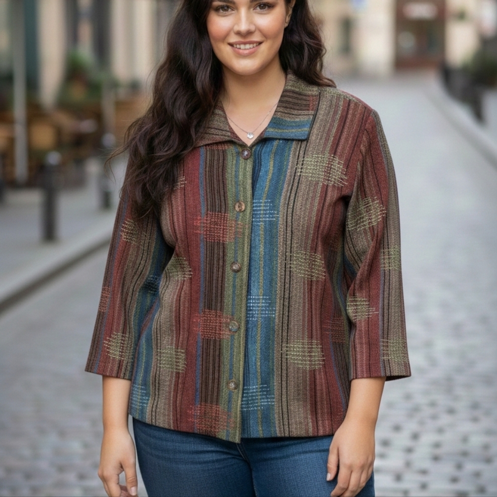 A La Carte Striped Multicolor Women's Top‎ Size XL  Art To Wear Boho Festive